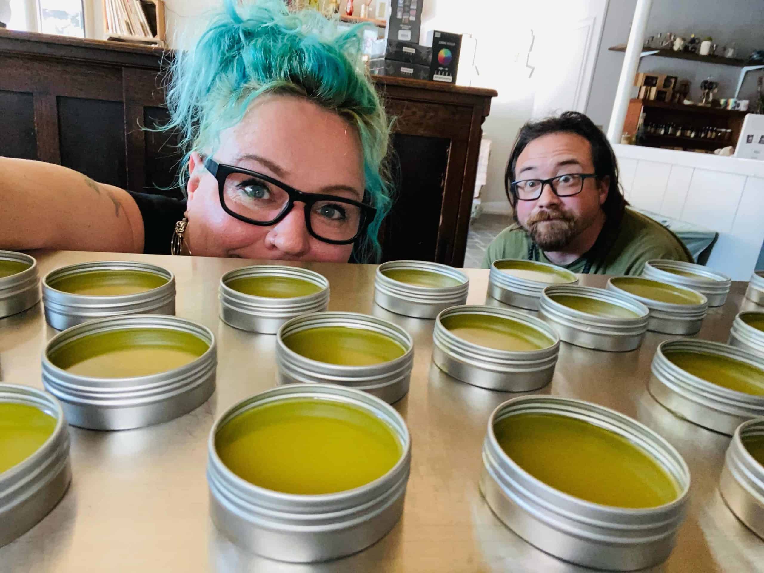 Rebecca Guanzon and justin adkins produce many of the salves themselves, on site at the Wild Soul River shop.
