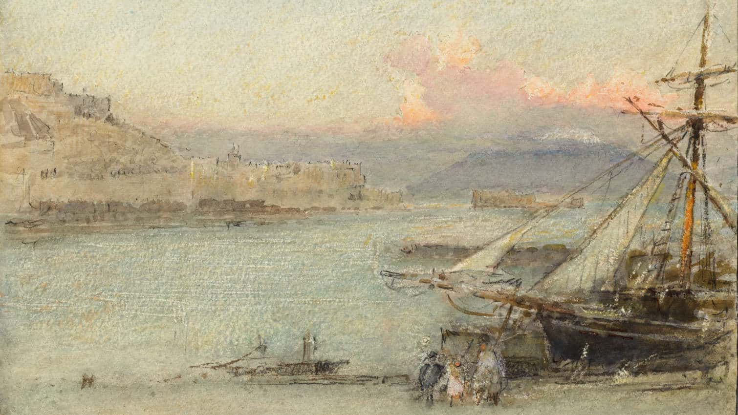 A single-masted wooden ship rides at anchor in the bay of Naples in Albert Goodwin's watercolor painting.