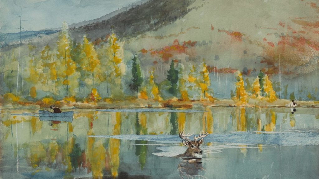 A deer swims across a mountain lake with the slope beyone, touched with color on the lower slopes and bare above.