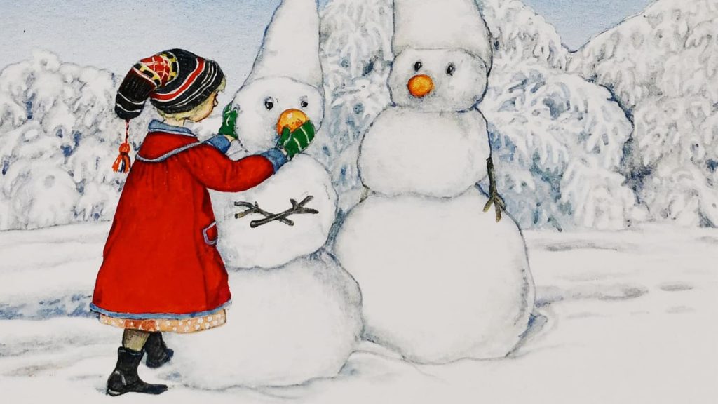 A girl in a red coat gives a snowman with a tall peaked snow hat a round nose in acclaimed illustrator Jan Brett's Snowpeople. Press image courtesy of the Norman Rockwell Museum.