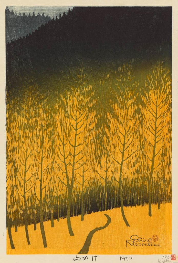 Kasamatsu Shiro's Shadow of a Mountain (1950) shows a pathway through autumn trees. Press image courtesy of the Clark Art Institute
