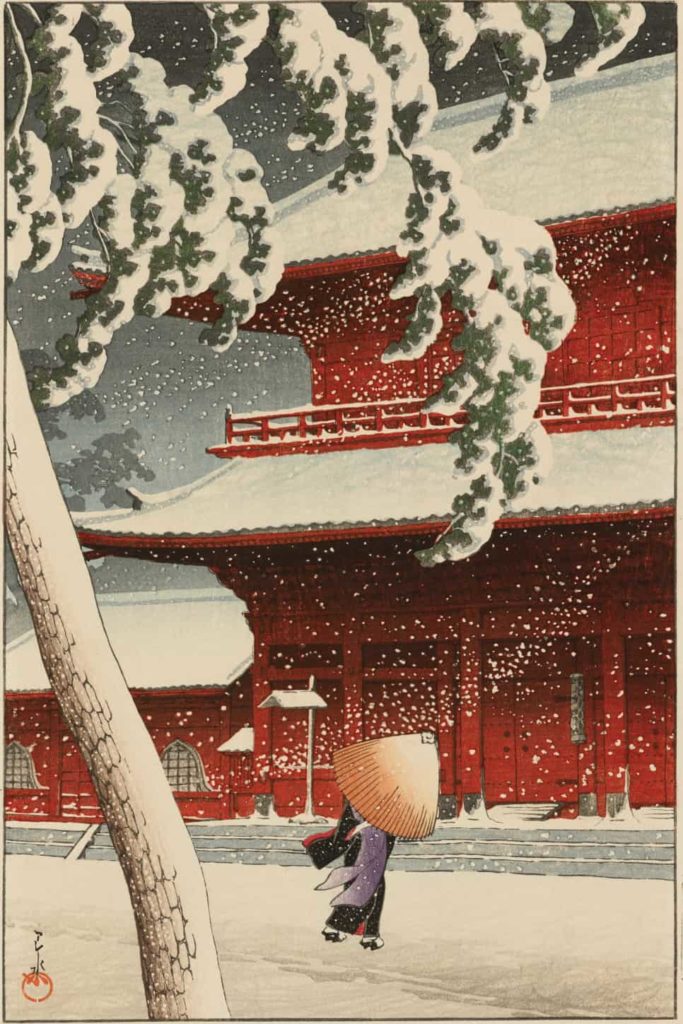 A visitor walks up the steps of a building painted deep red in Kawase Hasui's Zozoji Temple, Shiba.