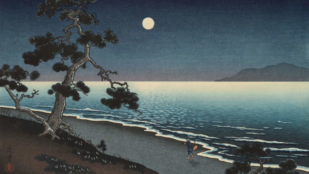 A fill moon rises over the water in Tsuchiya Koitsu's print, Suma Beach. Press image courtesy of the Clark Art Institute