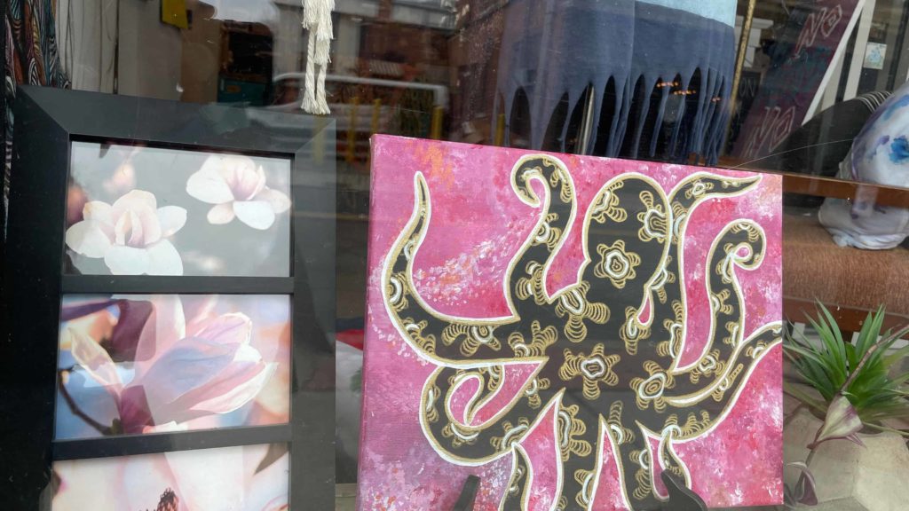 Photographs, drawings and a brightly colored octopus fill the window at Common Folk in North Adams.
