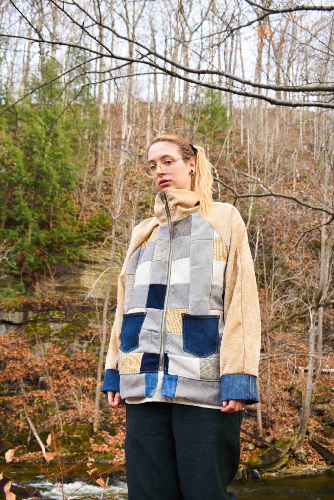 Sarah DeFusco and Andrew (Kirby) Casteel design bright upcycled clothing like thistan and patchwork jacket through their North Adams clothing brand, Wallasauce. Press image courtesy of the artists.