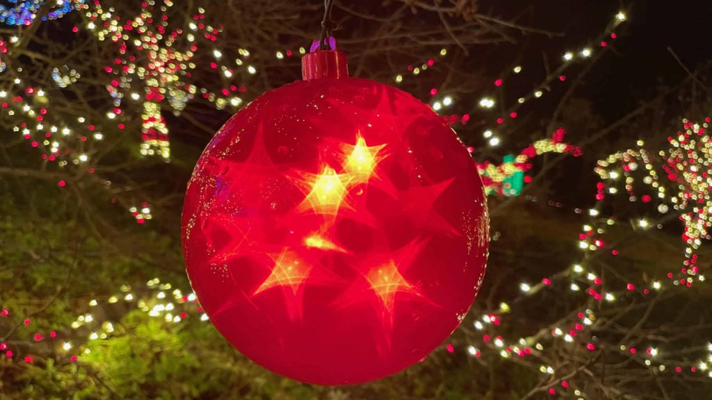 A red ornament glows with starry light in the candycane forest in Winterlights at Naumkeag.