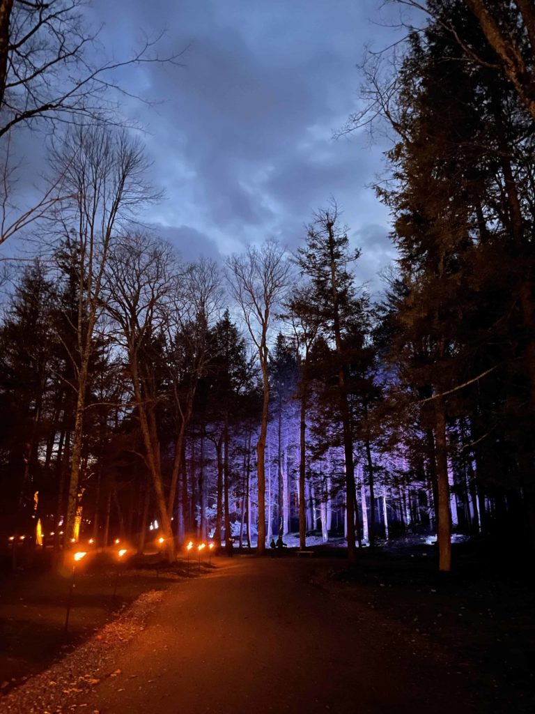 Torches light the way as the woods take on a deep purple light in NightWood at the Mount.