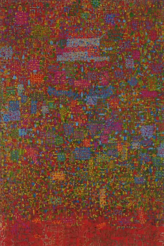 Wanga Neges appears in Tomm El-Saieh's 'Imaginary City,' a solo show of large paintings in vivid abstract color, at the Clark Art Institute. Press image courtesy of the museum