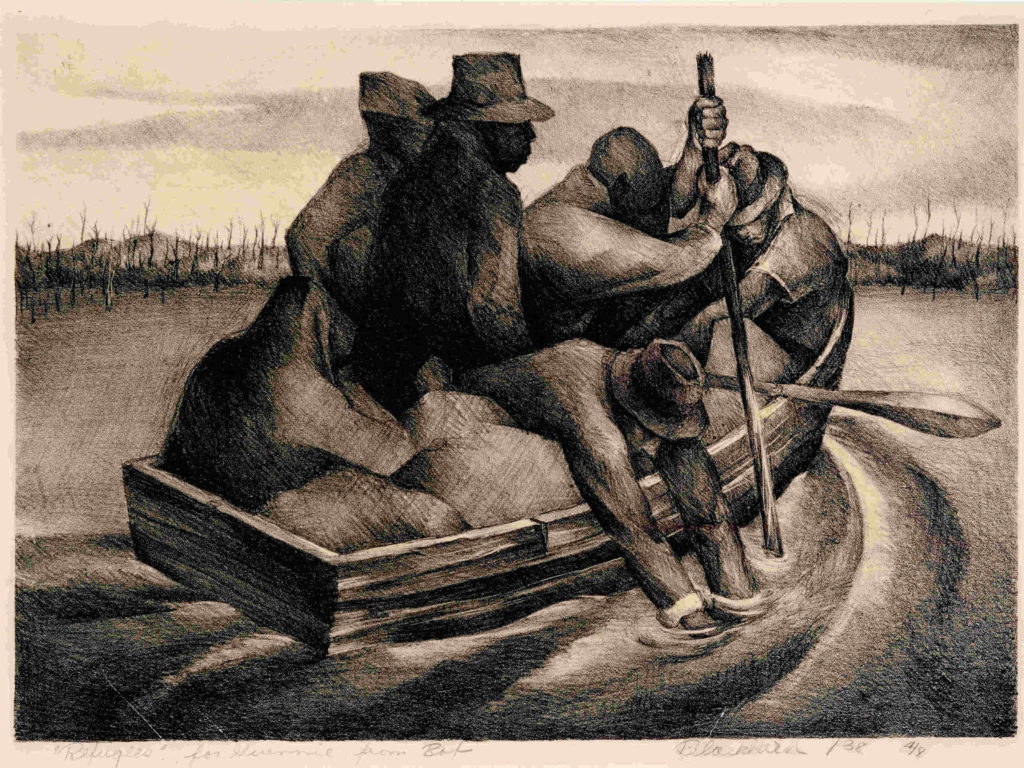 Robert Blackburn's lithograph, Refugees (aka People in a Boat), 1938, shows a group of men rowing a crowded dinghy at night. Press image courtesy of the Hyde and the Collection of NCCU Art Museum, North Carolina Central University, Gift of Christopher Maxey