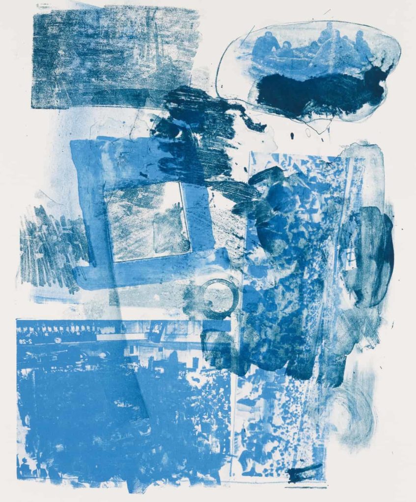 Acclaimed artist Robert Rauschenberg worked with master printer Robert Blackburn to create the print Stunt Man in shades of blue.