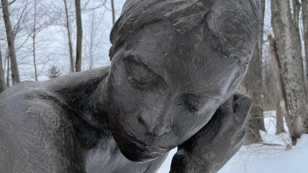 Richard M. Miller's bronze sculpture of Diane looks across snowy hayfields at Field Farm in Williamstown.