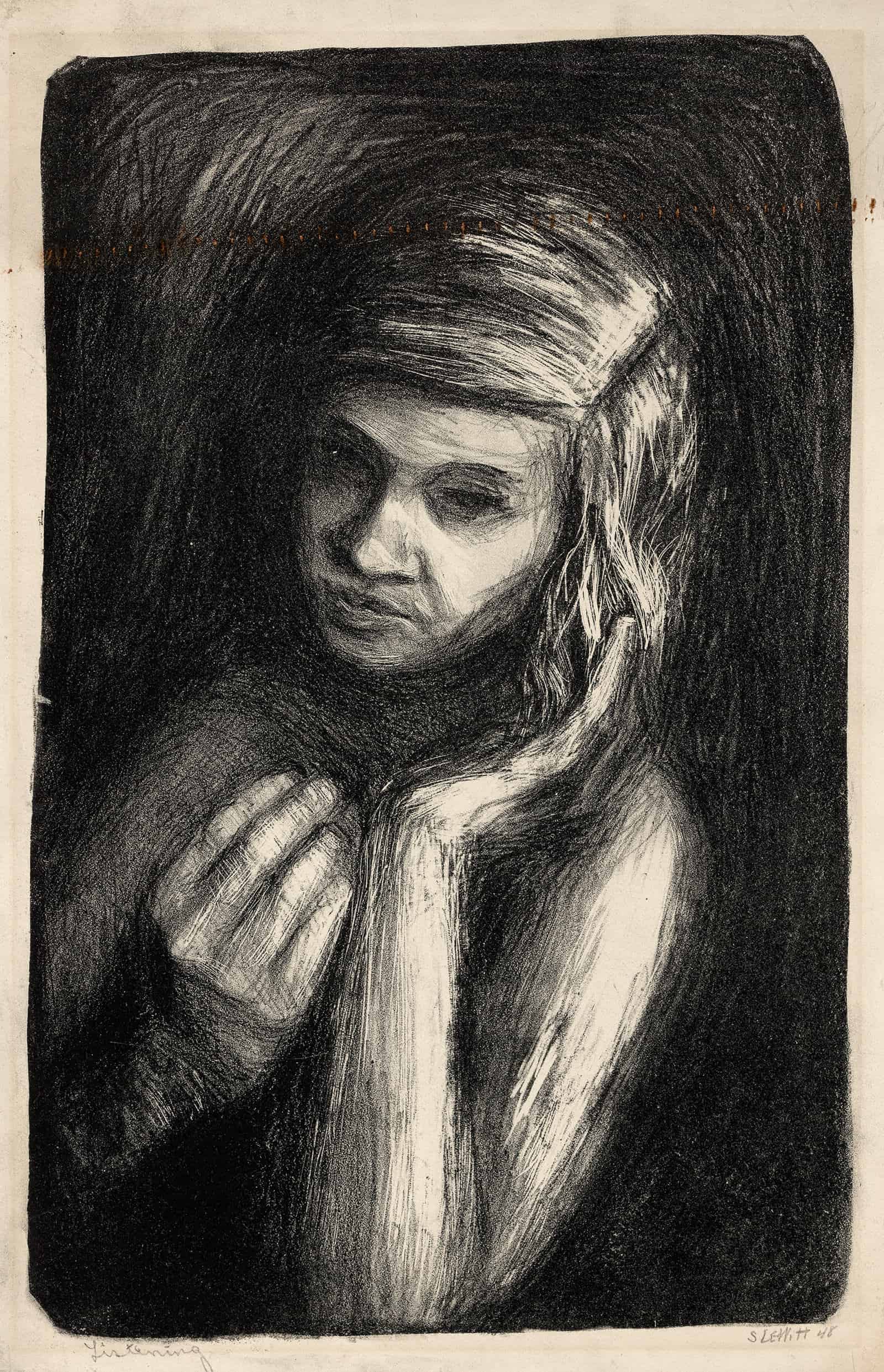 Sol LeWitt's lithograph Listening, a woman with her hand cupped to her ear, appears in Strict Beauty at the Williams College Museum of Art. Press image courtesy of WCMA.