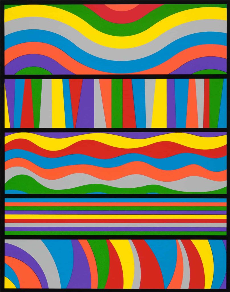 Sol LeWitt's screenprint Lincoln Center Print, showing bands of bright colors on different geometric patterns, appears in Strict Beauty at the Williams College Museum of Art. Press image courtesy of WCMA.