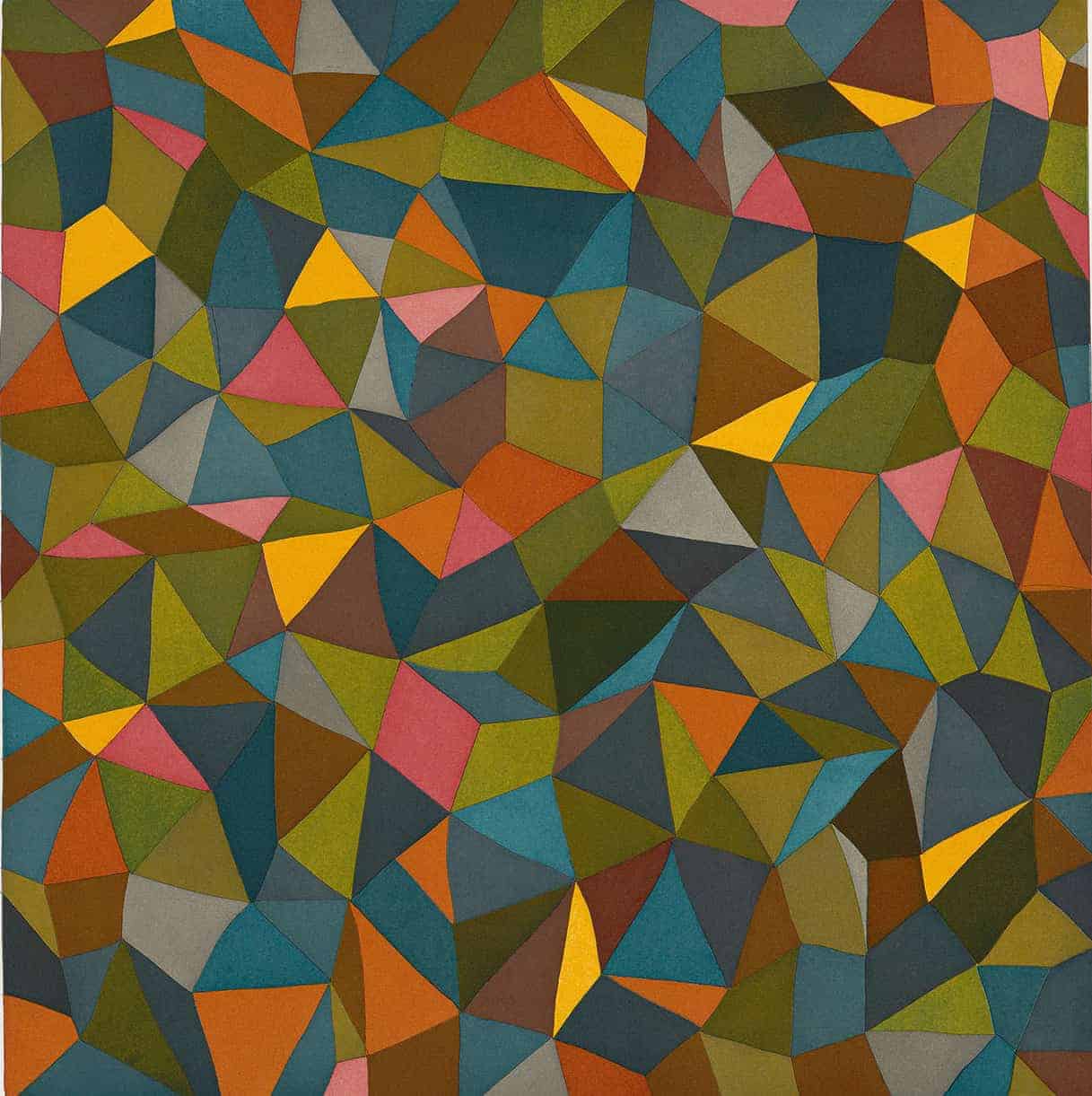 A pattern of tapering triangles and diamonds in autumn colors, one of Sol LeWitt's series of Complex Forms prints, appears in Strict Beauty at the Williams College Museum of Art. Press image courtesy of WCMA.