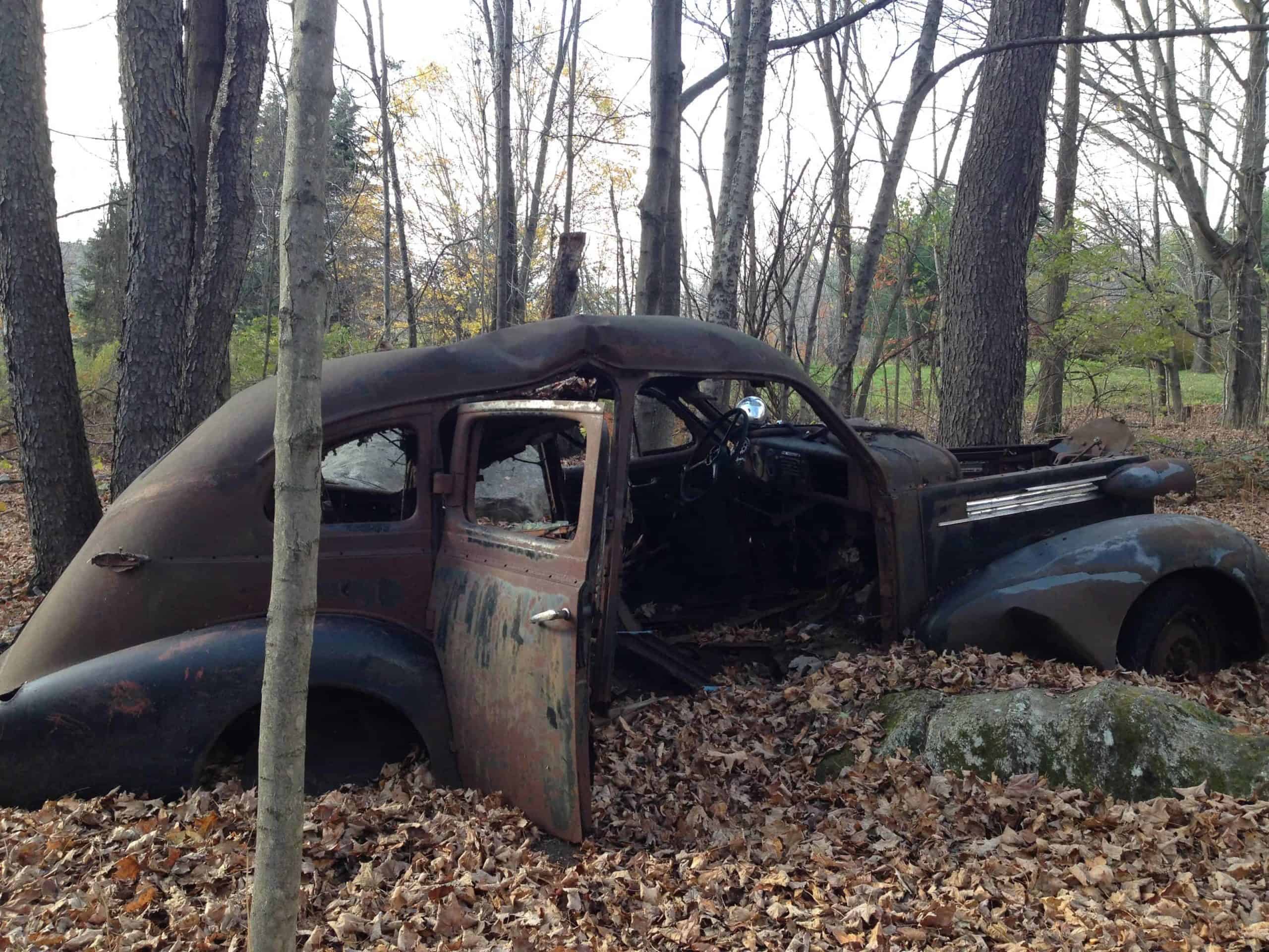An ancient volkswagon bug contervible seems to have been parked and left dedaces ago along the Old Mill Trail in Hinsdale.