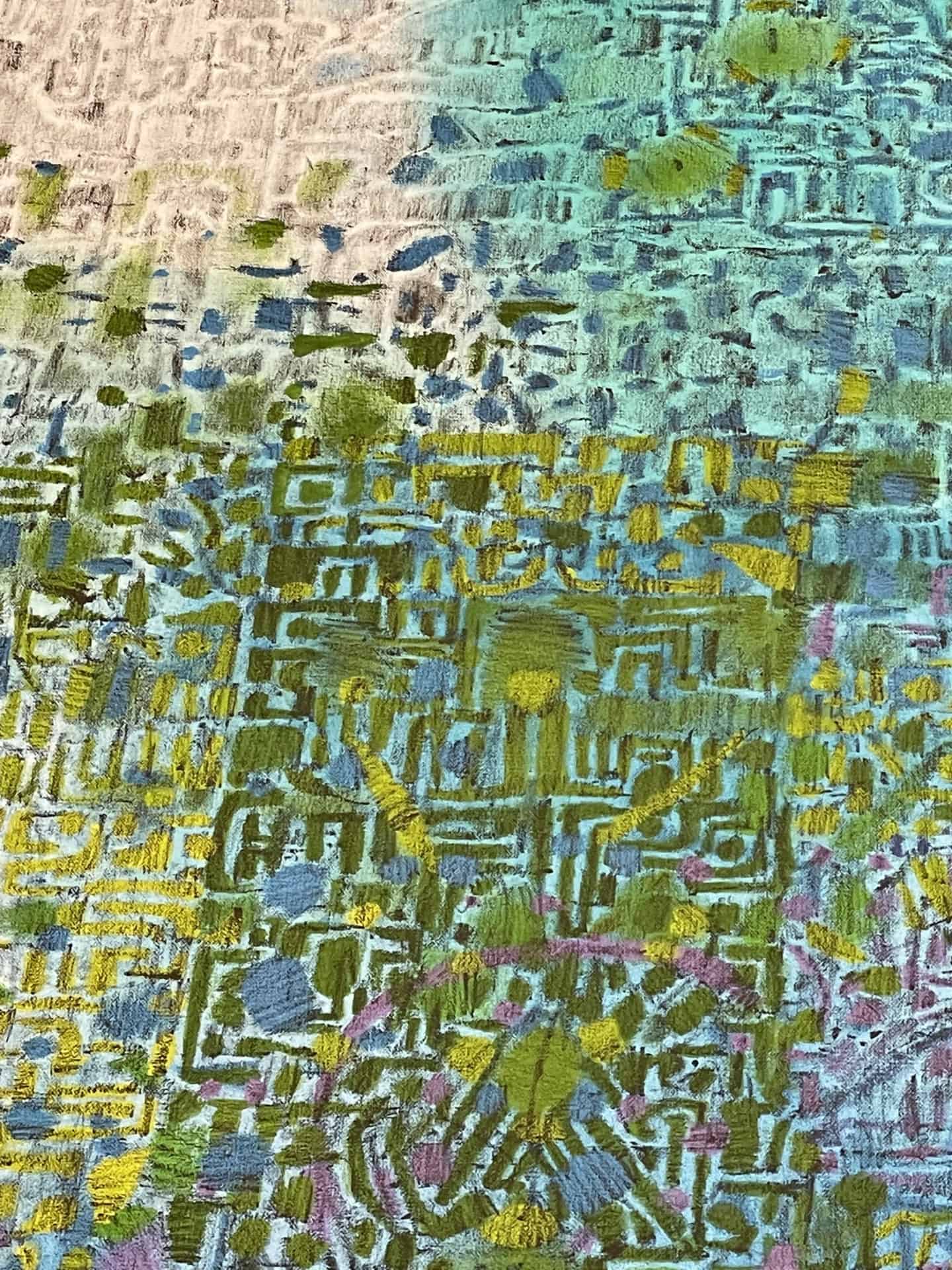 Tomm El-Saieh's painting Canapé Vert gleams in green and turquoise, seen close up in Tomm El-Saieh's 'Imaginary City' at the Clark Art Institute. Press image courtesy of the museum