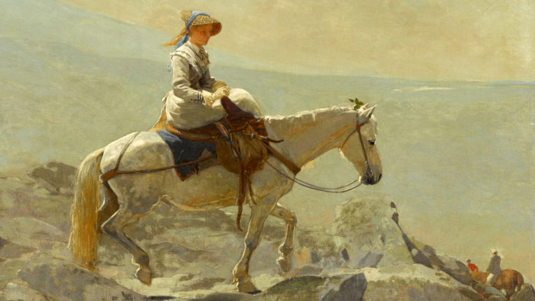 A woman rides side-saddle on a white horse along a ridge in Winslow Homer's painting, The Bridle Path, White Mountains, at The Clark Art Institute. Press image courtesy of the museum