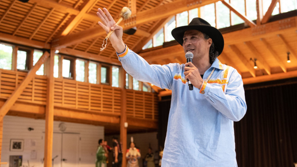 Larry Spotted Crow Mann emcees an evening of Eastern Woodland Dances at Jacob's Pillow Dance Festival. Press photo courtesy of the Pillow