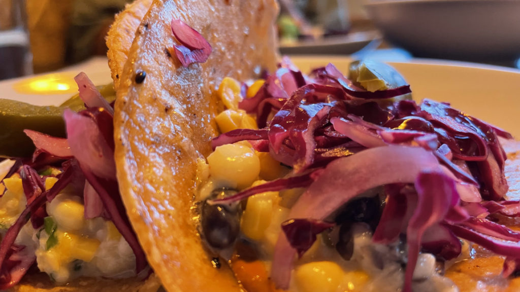 Corn tacos with red cabbage glisten red and gold at Nudel in Lenox.
