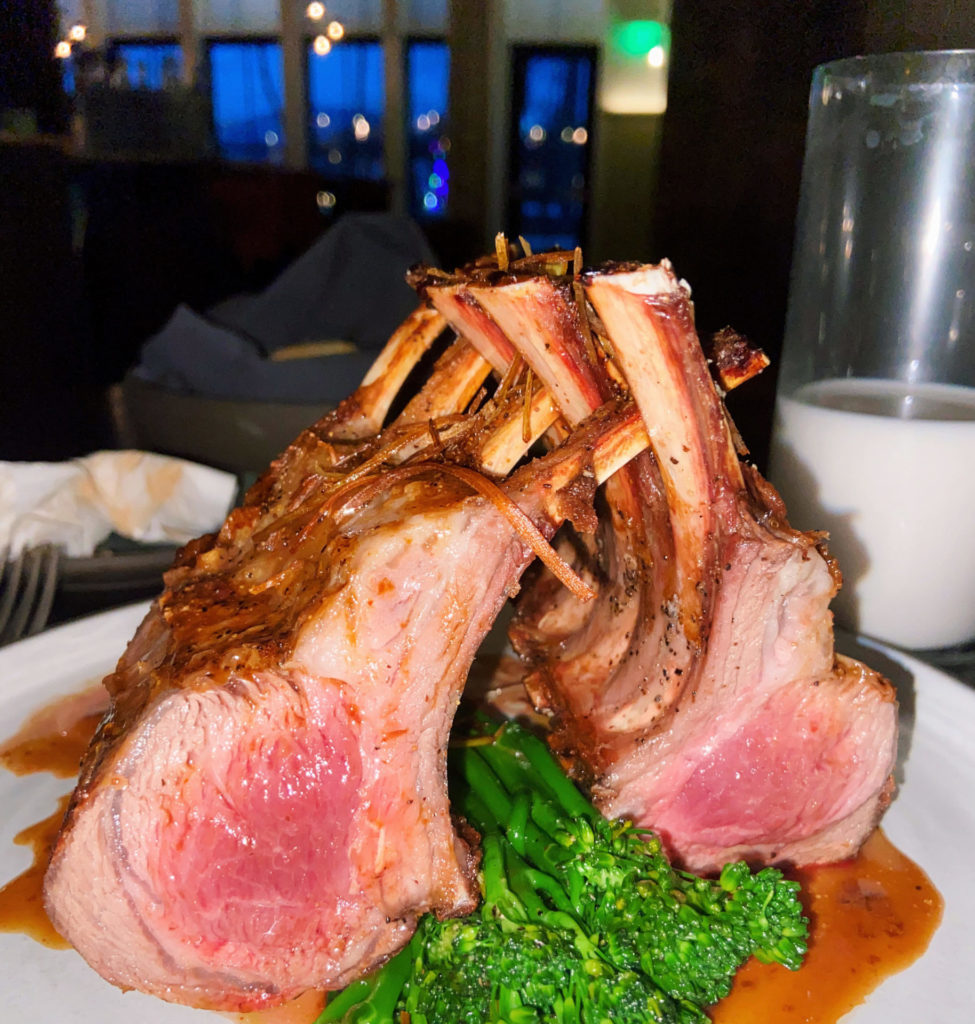 Rack of lamb shows tender and rare pink at the Barn restaurant in the Williams Inn.