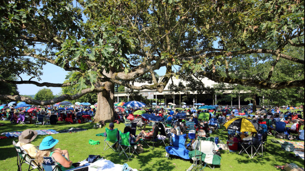 Listeners gather around the trees on the Tanglewood lawn. Press photo courtesy of the Boston Symphony Orchestra.