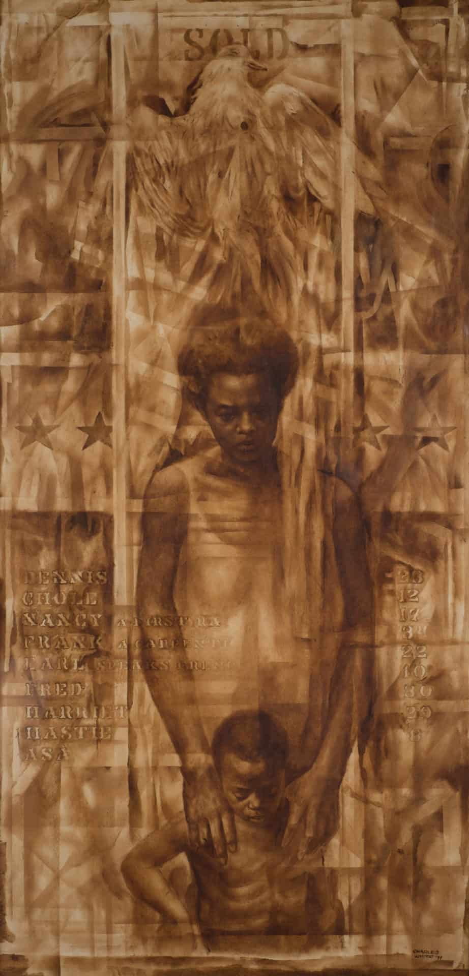 An enslaved woman stands on an auction block, holding her young son, fighting to keep him with her against the odds, in a painting in Charles White's 'Wanted' series. Press image courtesy of the Norman Rockwell Museum