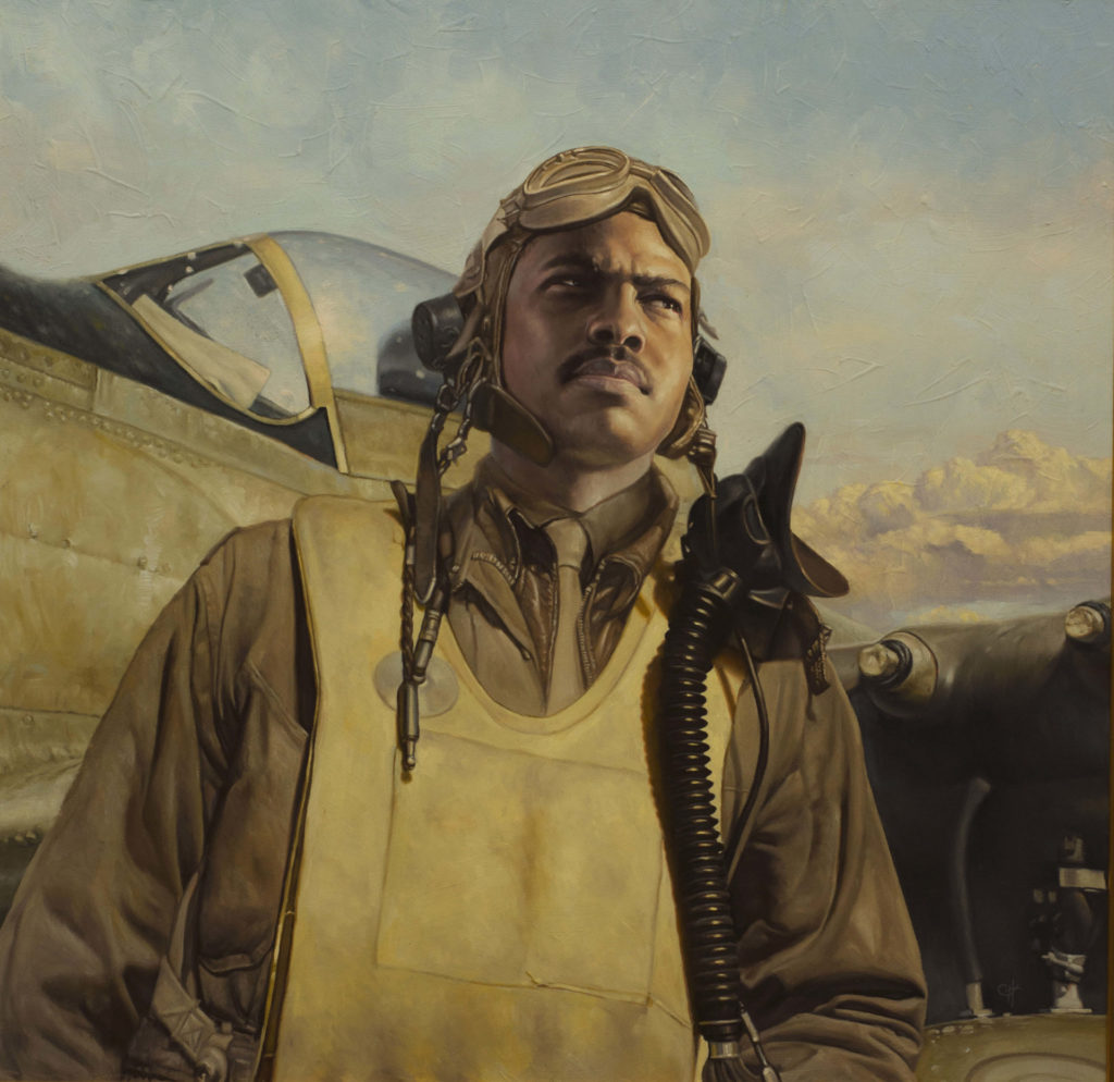 A Tuskegee Airman, a Flyer Of The 332nd in World War II, stands by his plane in Chris Hopkins' painting. Press image courtesy of the Norman Rockwell Museum