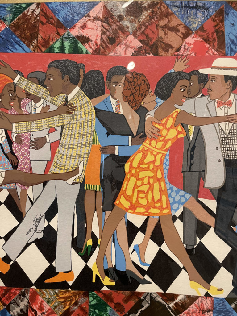 Dancers in bright skirts and suits press close on a diamond-patterned floor in Faith Ringgold's Groovin' High. Press image courtesy of the Norman Rockwell Museum