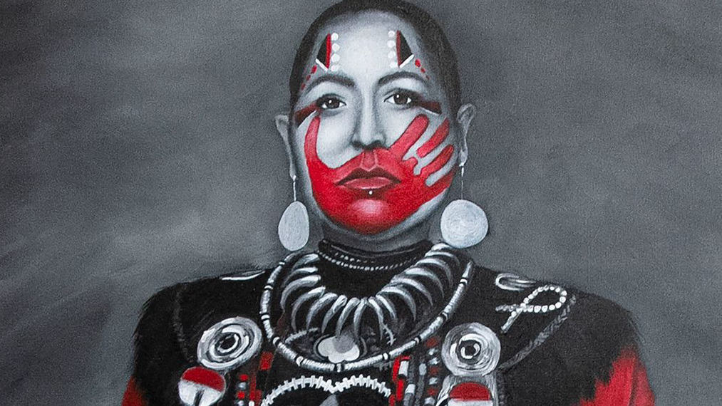 Kimberley, a Native woman, looks out from Nayana LaFond's painting with somber eyes. LaFond will show her artwork at the Lichtenstein Center as part of The Missing and Murdered Indigenous Peoples Project. Press image courtesy of First Fridays Artswalk