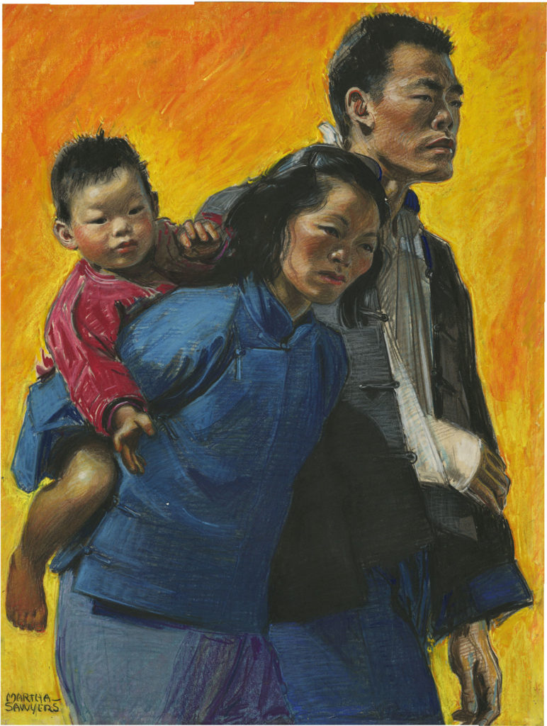 A man and women stand together carrying a child, in Martha Sawyers' United China Relief 1944. Press image courtesy of the Norman Rockwell Museum