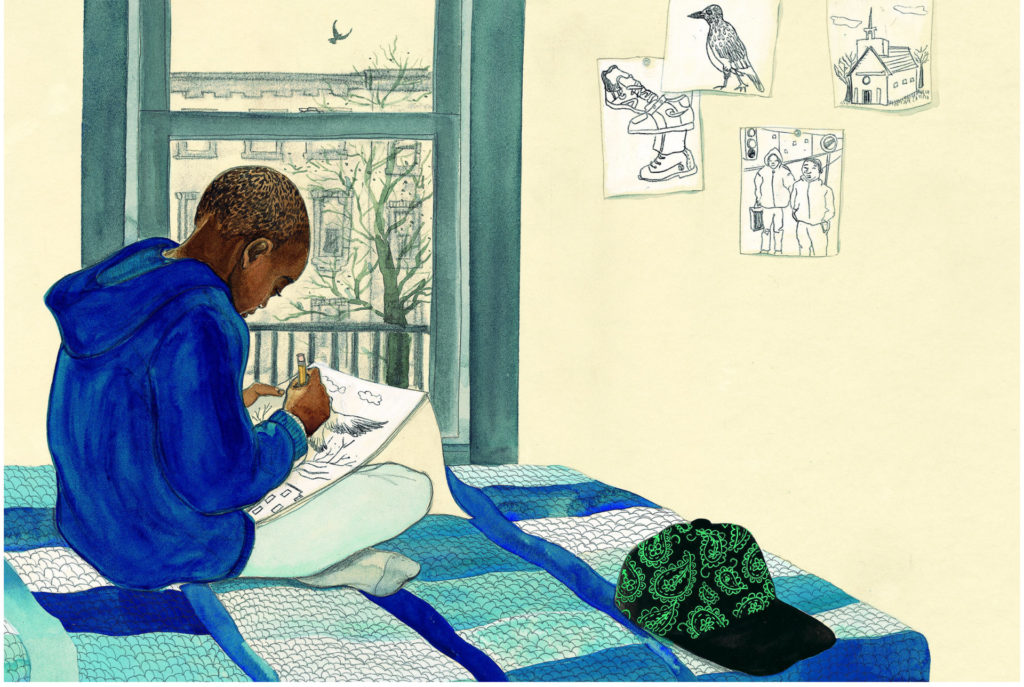 A boy sketches, absorbed, in the sunlight in his room in Shadra Strickland's illustration 'Today I Saw a Bird Outside My Window.