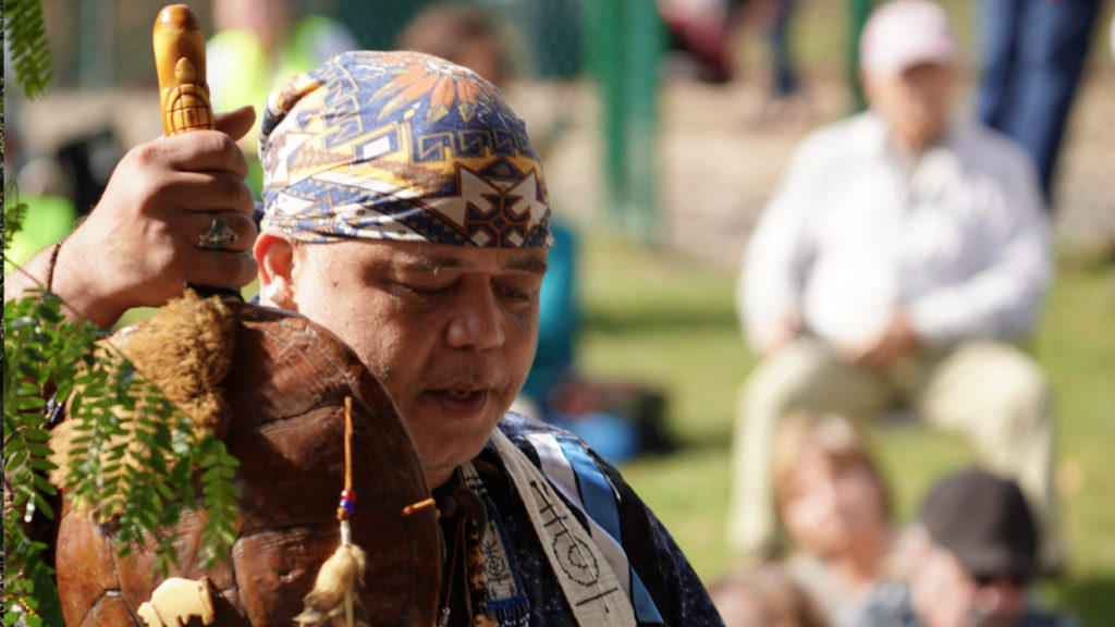 A Native leader speaks at the Indigenous Peoples Day celebration in Great Barrington. Press photo courtesy of Alliance for a Viable Future