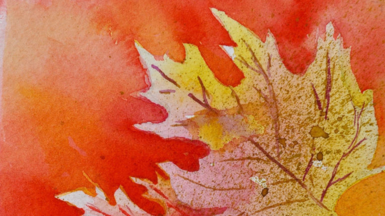 Maple leaves show pale and gold against a sweep of red-orange in Sally Tiska Rice's painting. Press image courtesy of First Fridays