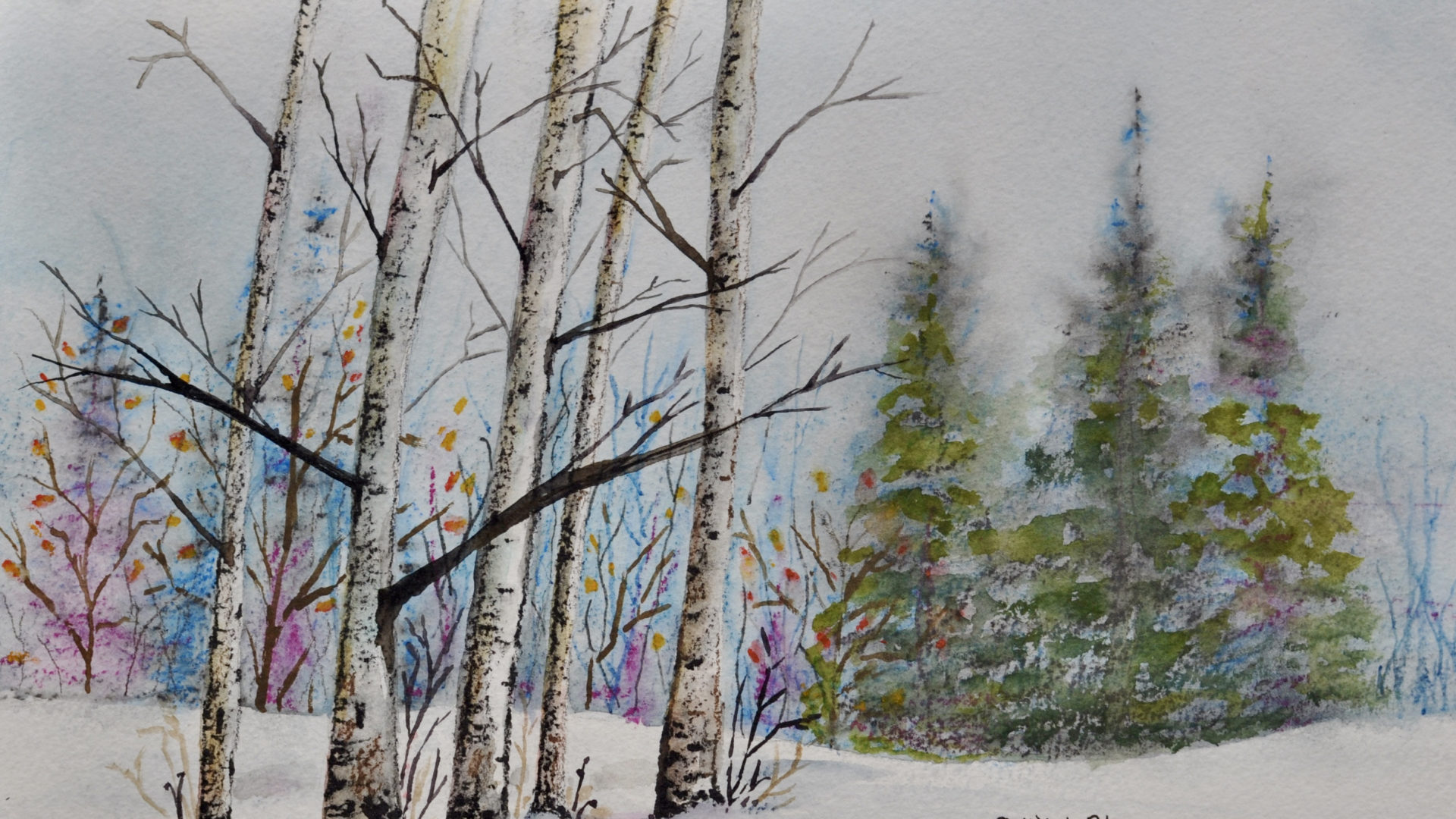 Birch and fir trees show against a field of snow in Sally Tiska Rice's winter painting. Photo courtesy of Downtown Pittsfield