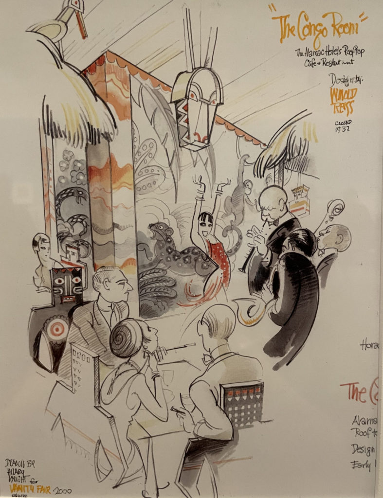 Dancers and musicians perform in a jazz club in the Almanac Hotel, in a sketch by Hilary Knight.