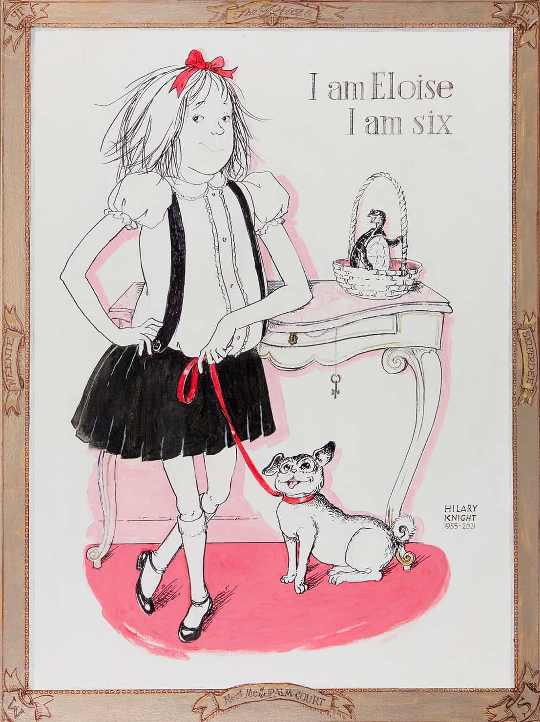 Eloise in the books by Kay Thompson — the indomitable six-year-old girl who lives in the Plaza Hotel, stands with her dog in Hilary Knight's illustration.Press image courtesy of the Norman Rockwell Museum