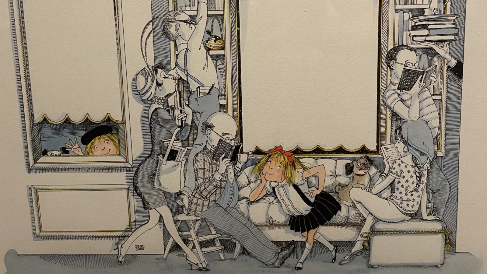 Eloise in the books by Kay Thompson — the indomitable six-year-old girl who lives in the Plaza Hotel — relaxes in a busy library. Press image courtesy of the Norman Rockwell Museum