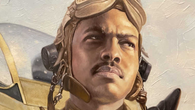 A Tuskegee Airman, a Flyer Of The 332nd in World War II, stands by his plane in Chris Hopkins' painting. Press image courtesy of the Norman Rockwell Museum