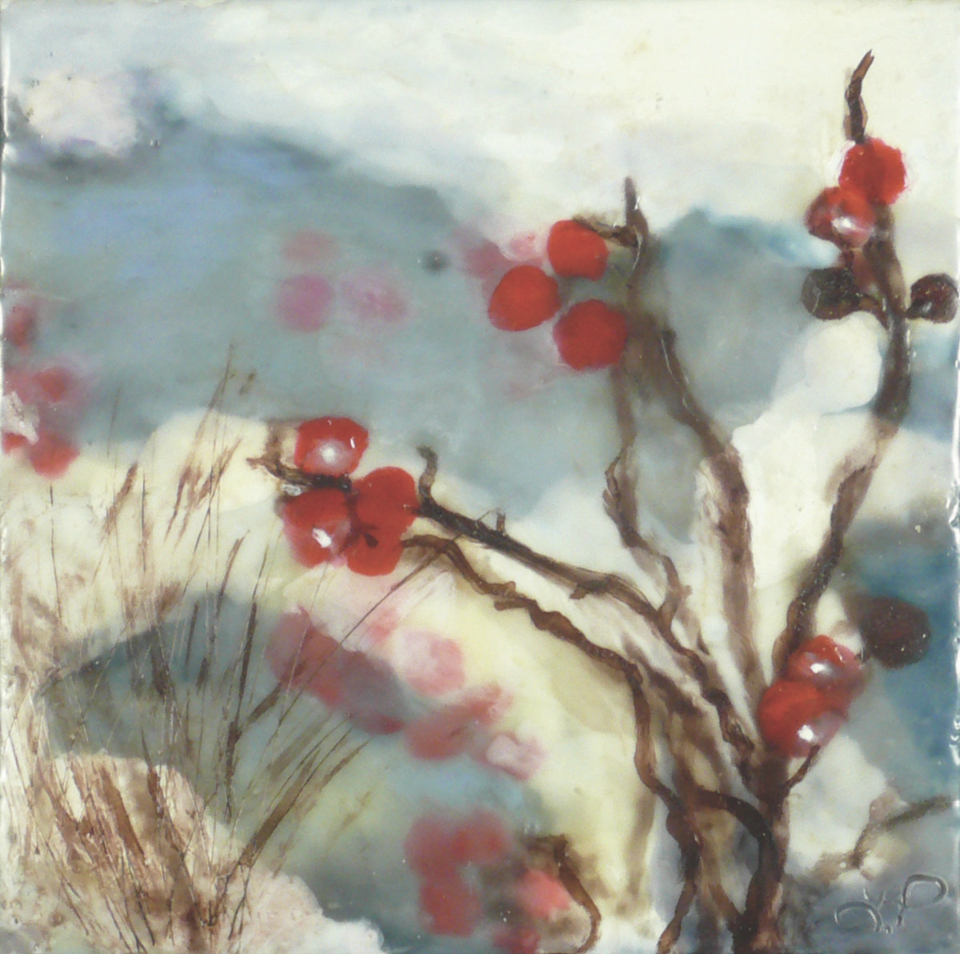 Linda Petrocine abstracted winterberries glow against a clouded winter sky. Photo courtesy of Downtown Pittsfield