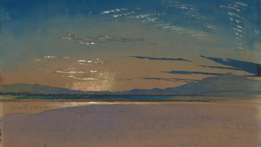 John Ruskin, Sunset over the Mountains, c. 1845, Watercolor and gouache with graphite on beige wove paper. Gift of the Manton Art Foundation in memory of Sir Edwin and Lady Manton, 2007. The Clark Art Institute