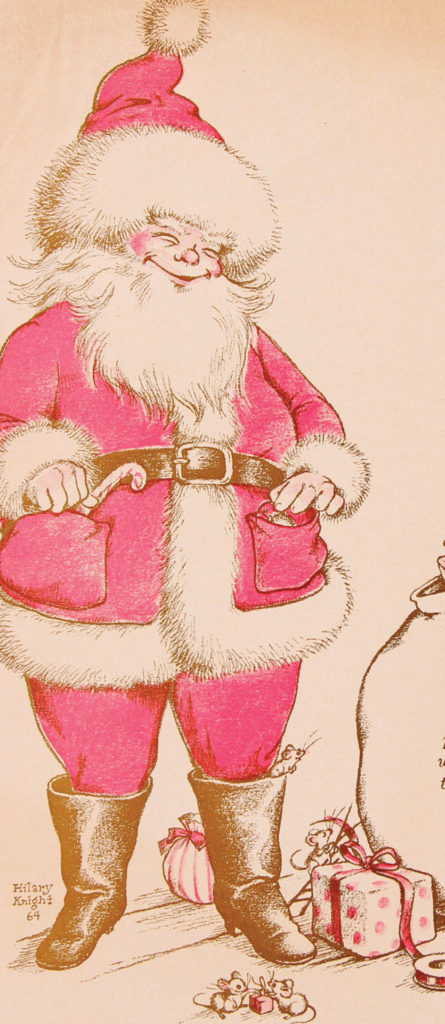Santa stands laughing in vivid pink in Hilary Knight's illustration.Press image courtesy of the Norman Rockwell Museum