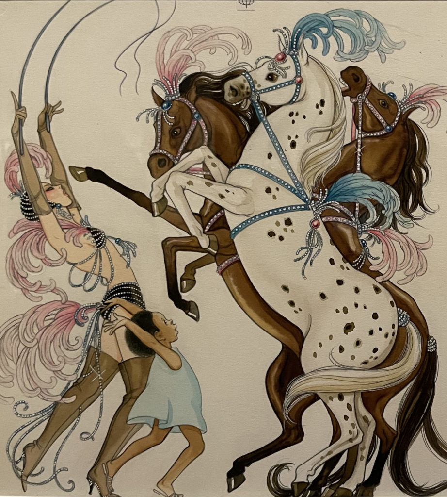 Circus horses rear in plumes in a drawing by Hilary Knight.