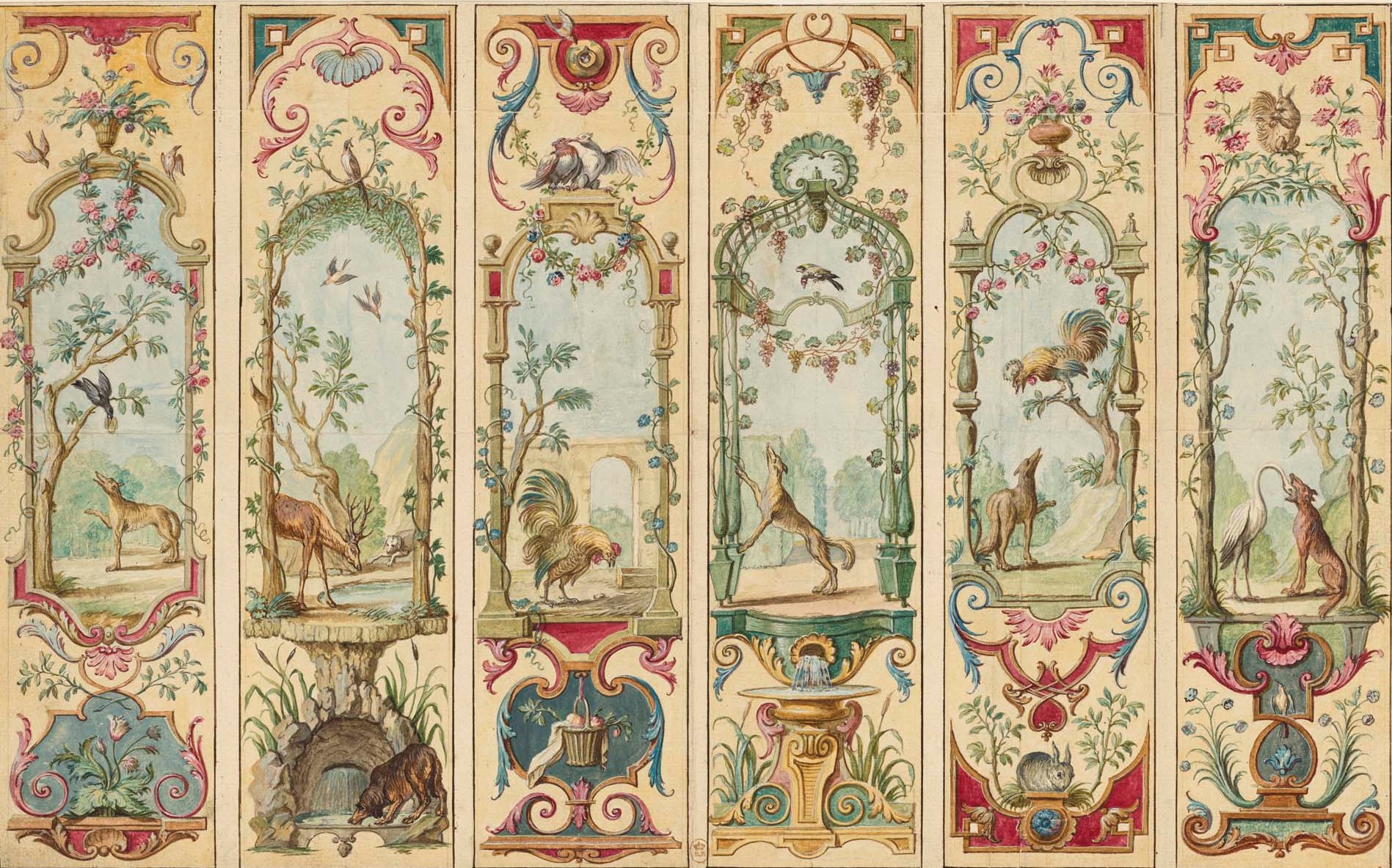 A drawing for a proposed folding screen shows twining vines, birds and animals.