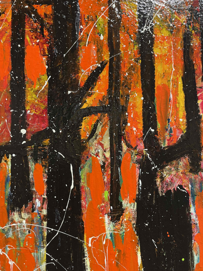 Sara Farell Okamura pays tribute to speculative fiction writer Shirley Jackson in an oil painting of vivid red-oranges and dark streaks, like a forest on fire. Press photo courtesy of Bennington Museum
