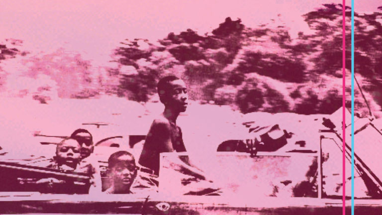 Black boys ride in an open convertible, looking out at the highway and the landscape, in a collage of vivid color and palm trees. Press image courtesy of the artist