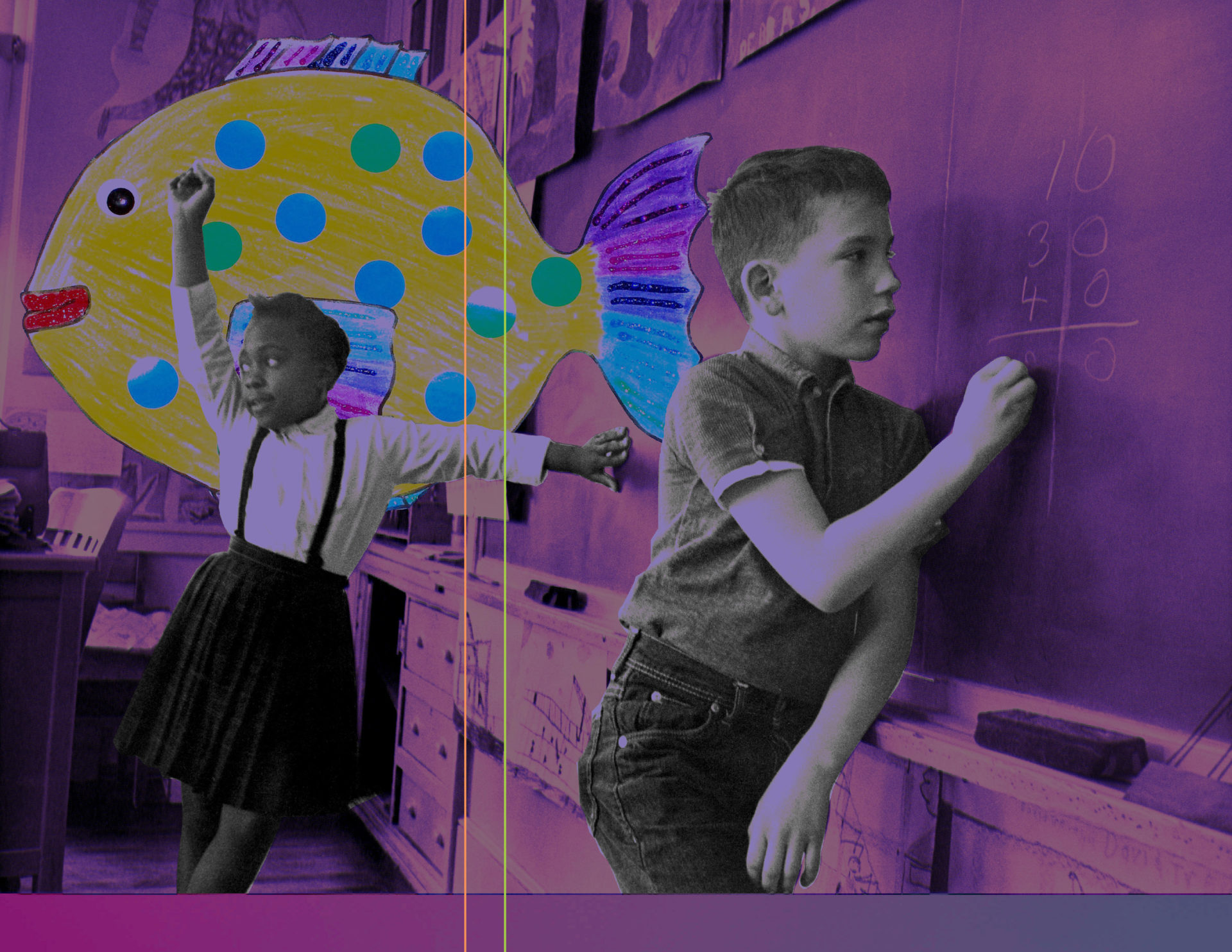 Students stand at the blackboard in a classroom flooded wtih color and dream images. Press image courtesy of the artist