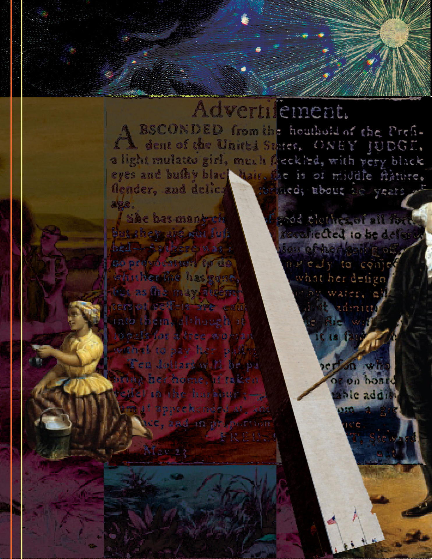 In a collage of Lorenzo Baker, Lorenzo Baker brings together George Washington and the Washignton Monument, a woman kneeling wiht a bucket of water and advertisements for people who have escaped from slavery. Press image courtesy of the artist