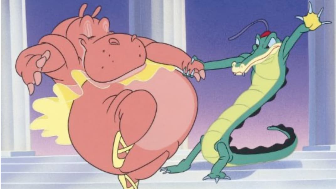 Animationed hippos and alligators dance to classical music in Disney's classic Fantasia.