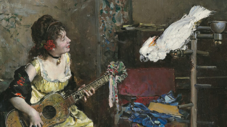 A Spanish musician strums, smiling at a white cockatoo, in Raimundo de Madrazo y Garreta's painting Woman with a Parrot, c. 1872. Clark Art Institute.