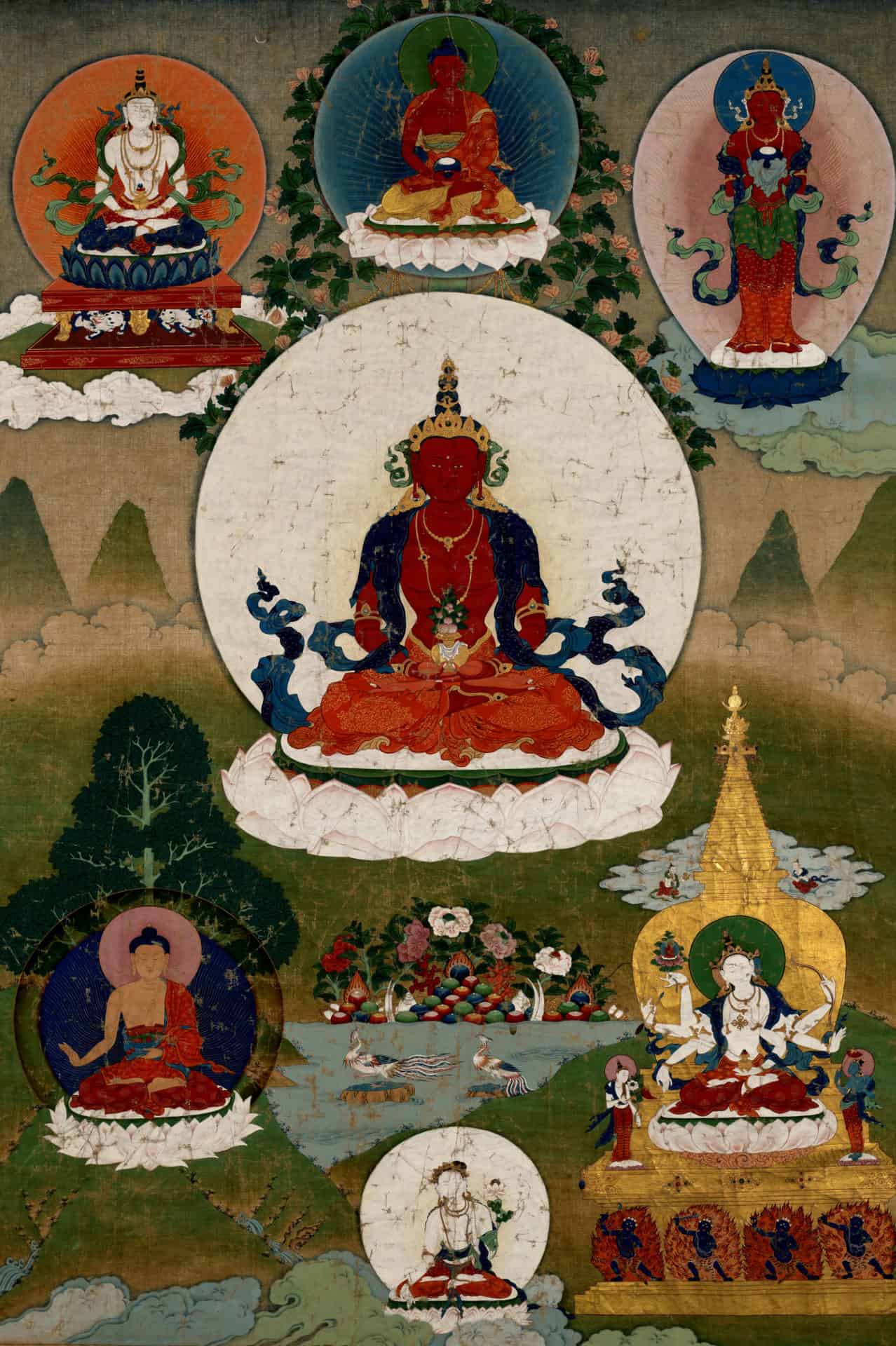 Tsepakmé, the Buddha of Unlimited Life, 19th century. Distemper on cloth, Eastern Tibet style. Maker(s) not known by WCMA. The Jack Shear Collection of Himalayan Art